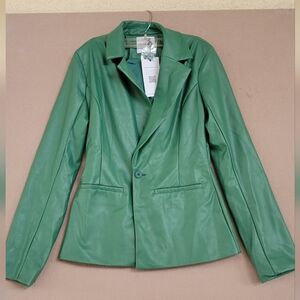 Tiger Mist McKay Faux Leather Blazer XS Green NWT Button Front Fitted Jacket